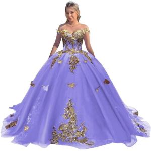 imageYoujiayi Off Shoulder Quinceanera Dresses Puffy Tulle Ball Gowns for Women Gold Appliques Sweet 16 DressesLavender