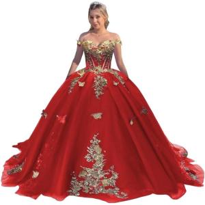imageYoujiayi Off Shoulder Quinceanera Dresses Puffy Tulle Ball Gowns for Women Gold Appliques Sweet 16 DressesRed