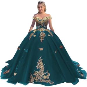 imageYoujiayi Off Shoulder Quinceanera Dresses Puffy Tulle Ball Gowns for Women Gold Appliques Sweet 16 DressesTeal