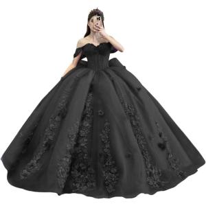 imageYoujiayi Princess Off Shoulder Quinceanera Dresses Puffy Tulle Sweet 16 Dress with Train Lace Beaded Ball Gowns with BowBlack