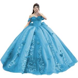 imageYoujiayi Princess Off Shoulder Quinceanera Dresses Puffy Tulle Sweet 16 Dress with Train Lace Beaded Ball Gowns with BowBlue