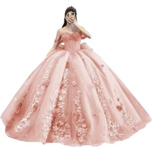 imageYoujiayi Princess Off Shoulder Quinceanera Dresses Puffy Tulle Sweet 16 Dress with Train Lace Beaded Ball Gowns with BowBlush Pink