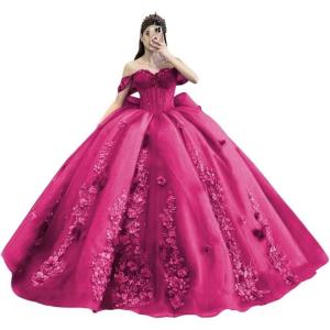 imageYoujiayi Princess Off Shoulder Quinceanera Dresses Puffy Tulle Sweet 16 Dress with Train Lace Beaded Ball Gowns with BowBright Pink