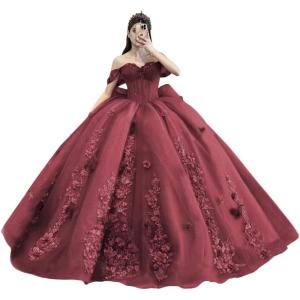 imageYoujiayi Princess Off Shoulder Quinceanera Dresses Puffy Tulle Sweet 16 Dress with Train Lace Beaded Ball Gowns with BowBurgundy