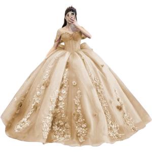 imageYoujiayi Princess Off Shoulder Quinceanera Dresses Puffy Tulle Sweet 16 Dress with Train Lace Beaded Ball Gowns with BowChampagne