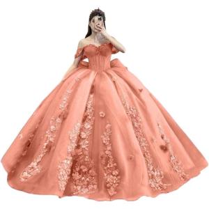imageYoujiayi Princess Off Shoulder Quinceanera Dresses Puffy Tulle Sweet 16 Dress with Train Lace Beaded Ball Gowns with BowCoral