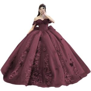 imageYoujiayi Princess Off Shoulder Quinceanera Dresses Puffy Tulle Sweet 16 Dress with Train Lace Beaded Ball Gowns with BowDeep Burgundy