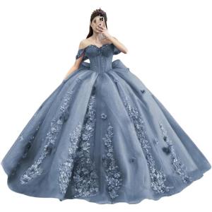 imageYoujiayi Princess Off Shoulder Quinceanera Dresses Puffy Tulle Sweet 16 Dress with Train Lace Beaded Ball Gowns with BowDusty Blue