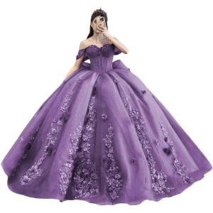 imageYoujiayi Princess Off Shoulder Quinceanera Dresses Puffy Tulle Sweet 16 Dress with Train Lace Beaded Ball Gowns with BowDusty Purple