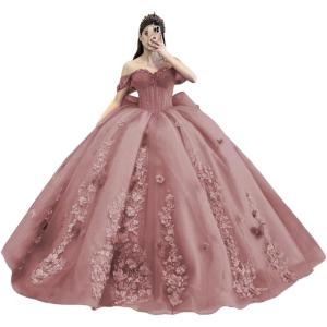 imageYoujiayi Princess Off Shoulder Quinceanera Dresses Puffy Tulle Sweet 16 Dress with Train Lace Beaded Ball Gowns with BowDusty Rose