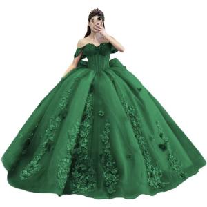 imageYoujiayi Princess Off Shoulder Quinceanera Dresses Puffy Tulle Sweet 16 Dress with Train Lace Beaded Ball Gowns with BowEmerald Green