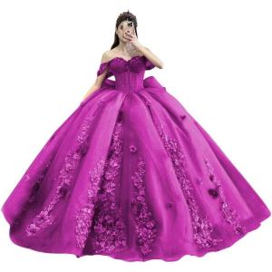 imageYoujiayi Princess Off Shoulder Quinceanera Dresses Puffy Tulle Sweet 16 Dress with Train Lace Beaded Ball Gowns with BowFuchsia