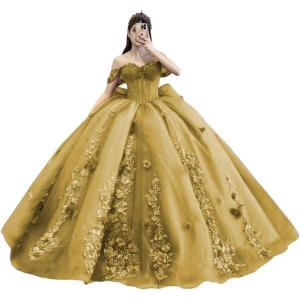 imageYoujiayi Princess Off Shoulder Quinceanera Dresses Puffy Tulle Sweet 16 Dress with Train Lace Beaded Ball Gowns with BowGold