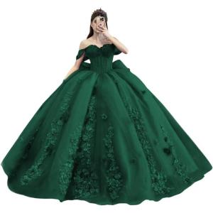 imageYoujiayi Princess Off Shoulder Quinceanera Dresses Puffy Tulle Sweet 16 Dress with Train Lace Beaded Ball Gowns with BowGreen