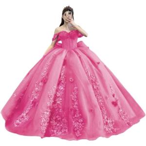 imageYoujiayi Princess Off Shoulder Quinceanera Dresses Puffy Tulle Sweet 16 Dress with Train Lace Beaded Ball Gowns with BowHot Pink
