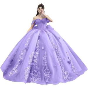 imageYoujiayi Princess Off Shoulder Quinceanera Dresses Puffy Tulle Sweet 16 Dress with Train Lace Beaded Ball Gowns with BowLavender