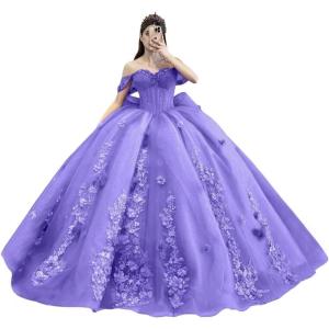 imageYoujiayi Princess Off Shoulder Quinceanera Dresses Puffy Tulle Sweet 16 Dress with Train Lace Beaded Ball Gowns with BowLavender Deep