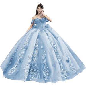 imageYoujiayi Princess Off Shoulder Quinceanera Dresses Puffy Tulle Sweet 16 Dress with Train Lace Beaded Ball Gowns with BowLight Blue