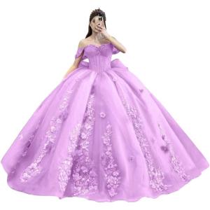 imageYoujiayi Princess Off Shoulder Quinceanera Dresses Puffy Tulle Sweet 16 Dress with Train Lace Beaded Ball Gowns with BowLilac