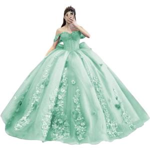 imageYoujiayi Princess Off Shoulder Quinceanera Dresses Puffy Tulle Sweet 16 Dress with Train Lace Beaded Ball Gowns with BowMint