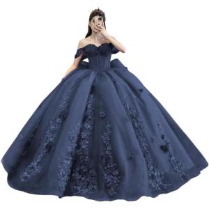 imageYoujiayi Princess Off Shoulder Quinceanera Dresses Puffy Tulle Sweet 16 Dress with Train Lace Beaded Ball Gowns with BowNavy