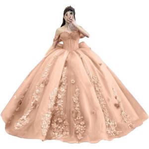 imageYoujiayi Princess Off Shoulder Quinceanera Dresses Puffy Tulle Sweet 16 Dress with Train Lace Beaded Ball Gowns with BowPeach