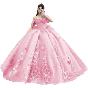 imageYoujiayi Princess Off Shoulder Quinceanera Dresses Puffy Tulle Sweet 16 Dress with Train Lace Beaded Ball Gowns with BowPink
