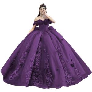 imageYoujiayi Princess Off Shoulder Quinceanera Dresses Puffy Tulle Sweet 16 Dress with Train Lace Beaded Ball Gowns with BowPlum