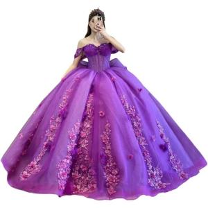imageYoujiayi Princess Off Shoulder Quinceanera Dresses Puffy Tulle Sweet 16 Dress with Train Lace Beaded Ball Gowns with BowPurple
