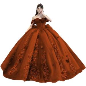 imageYoujiayi Princess Off Shoulder Quinceanera Dresses Puffy Tulle Sweet 16 Dress with Train Lace Beaded Ball Gowns with BowRust