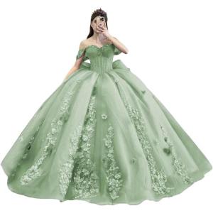 imageYoujiayi Princess Off Shoulder Quinceanera Dresses Puffy Tulle Sweet 16 Dress with Train Lace Beaded Ball Gowns with BowSage