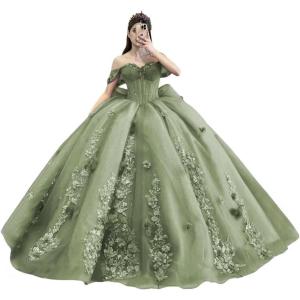imageYoujiayi Princess Off Shoulder Quinceanera Dresses Puffy Tulle Sweet 16 Dress with Train Lace Beaded Ball Gowns with BowSage Green
