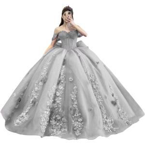 imageYoujiayi Princess Off Shoulder Quinceanera Dresses Puffy Tulle Sweet 16 Dress with Train Lace Beaded Ball Gowns with BowSilver