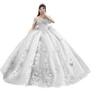 imageYoujiayi Princess Off Shoulder Quinceanera Dresses Puffy Tulle Sweet 16 Dress with Train Lace Beaded Ball Gowns with BowWhite