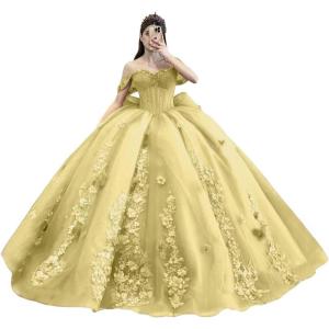 imageYoujiayi Princess Off Shoulder Quinceanera Dresses Puffy Tulle Sweet 16 Dress with Train Lace Beaded Ball Gowns with BowYellow