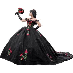 imageYoujiayi Sparkly Floral Quinceanera Dresses Puffy Lace Tulle Sweet 16 Dress with Train Off Shoulder Long Ball GownBlack