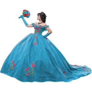 imageYoujiayi Sparkly Floral Quinceanera Dresses Puffy Lace Tulle Sweet 16 Dress with Train Off Shoulder Long Ball GownBlue