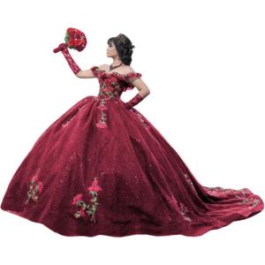 imageYoujiayi Sparkly Floral Quinceanera Dresses Puffy Lace Tulle Sweet 16 Dress with Train Off Shoulder Long Ball GownBurgundy