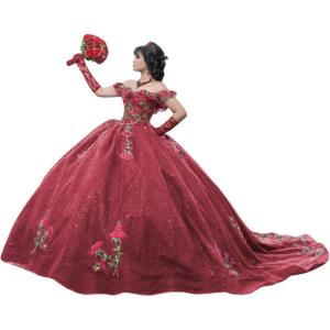 imageYoujiayi Sparkly Floral Quinceanera Dresses Puffy Lace Tulle Sweet 16 Dress with Train Off Shoulder Long Ball GownDeset Rose