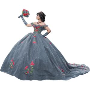 imageYoujiayi Sparkly Floral Quinceanera Dresses Puffy Lace Tulle Sweet 16 Dress with Train Off Shoulder Long Ball GownDusty Blue