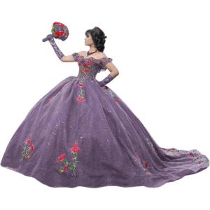 imageYoujiayi Sparkly Floral Quinceanera Dresses Puffy Lace Tulle Sweet 16 Dress with Train Off Shoulder Long Ball GownDusty Purple