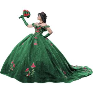 imageYoujiayi Sparkly Floral Quinceanera Dresses Puffy Lace Tulle Sweet 16 Dress with Train Off Shoulder Long Ball GownEmerald Green