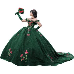 imageYoujiayi Sparkly Floral Quinceanera Dresses Puffy Lace Tulle Sweet 16 Dress with Train Off Shoulder Long Ball GownGreen