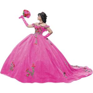 imageYoujiayi Sparkly Floral Quinceanera Dresses Puffy Lace Tulle Sweet 16 Dress with Train Off Shoulder Long Ball GownHot Pink