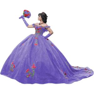 imageYoujiayi Sparkly Floral Quinceanera Dresses Puffy Lace Tulle Sweet 16 Dress with Train Off Shoulder Long Ball GownLavender