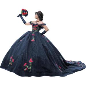 imageYoujiayi Sparkly Floral Quinceanera Dresses Puffy Lace Tulle Sweet 16 Dress with Train Off Shoulder Long Ball GownNavy