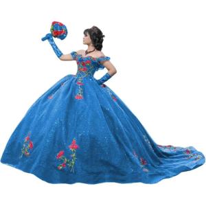 imageYoujiayi Sparkly Floral Quinceanera Dresses Puffy Lace Tulle Sweet 16 Dress with Train Off Shoulder Long Ball GownOcean Blue