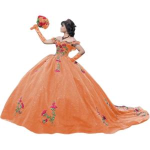 imageYoujiayi Sparkly Floral Quinceanera Dresses Puffy Lace Tulle Sweet 16 Dress with Train Off Shoulder Long Ball GownOrange