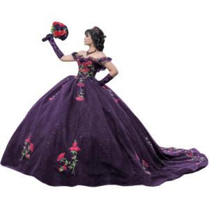 imageYoujiayi Sparkly Floral Quinceanera Dresses Puffy Lace Tulle Sweet 16 Dress with Train Off Shoulder Long Ball GownPlum