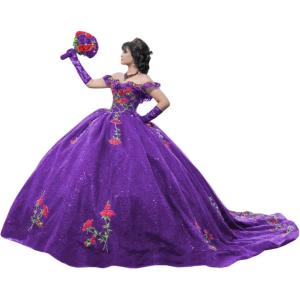 imageYoujiayi Sparkly Floral Quinceanera Dresses Puffy Lace Tulle Sweet 16 Dress with Train Off Shoulder Long Ball GownPurple